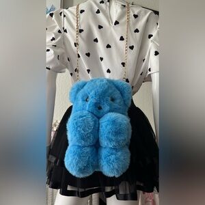 Plushie Crossbody Bag Teddy Bear with Faux Leather  Interior in Sky Blue Color
